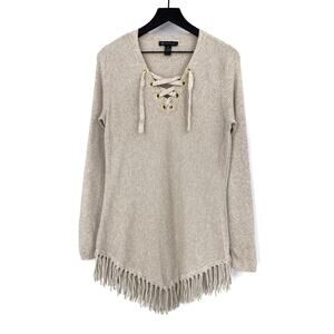 INC International Concepts Fringe V Neck Sweater Beige M